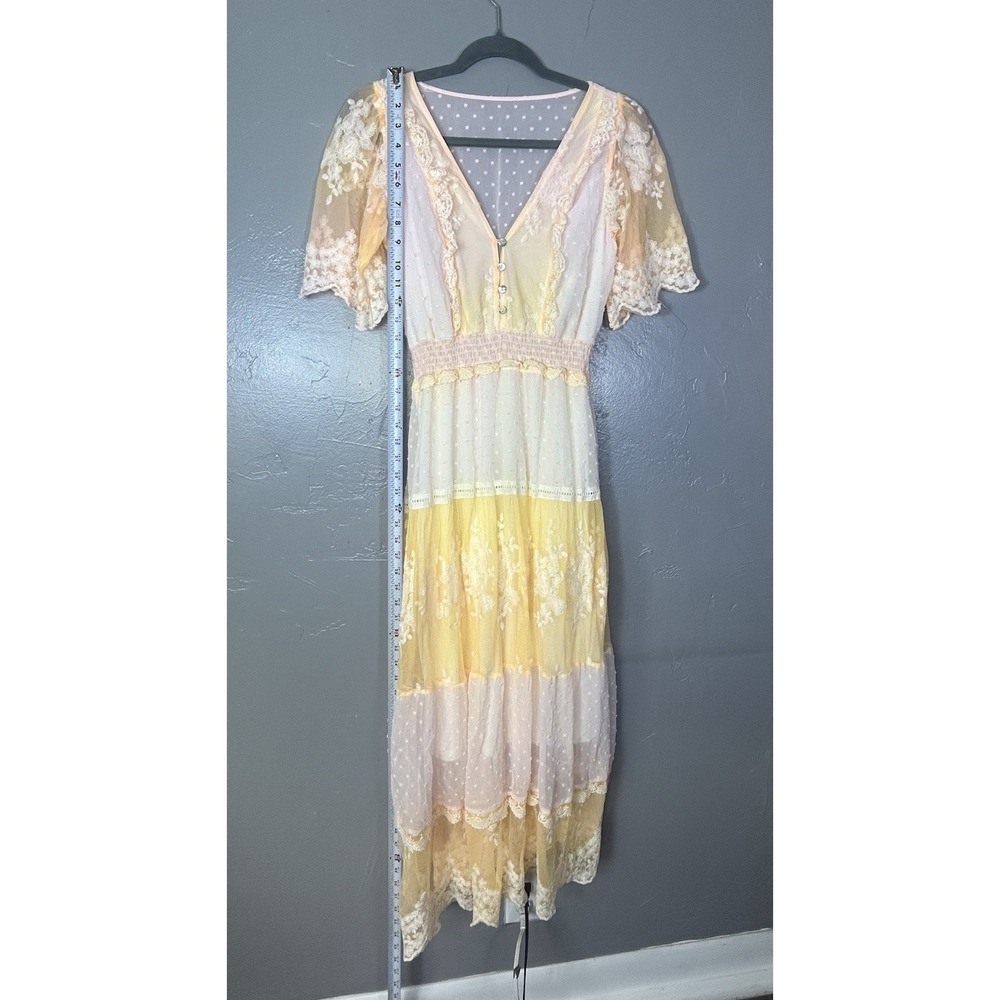 Yellow Pink Maxi Dress Polka Dots Floral Lace Smocked Waist Flutter Sleeve Small - Picture 5 of 10